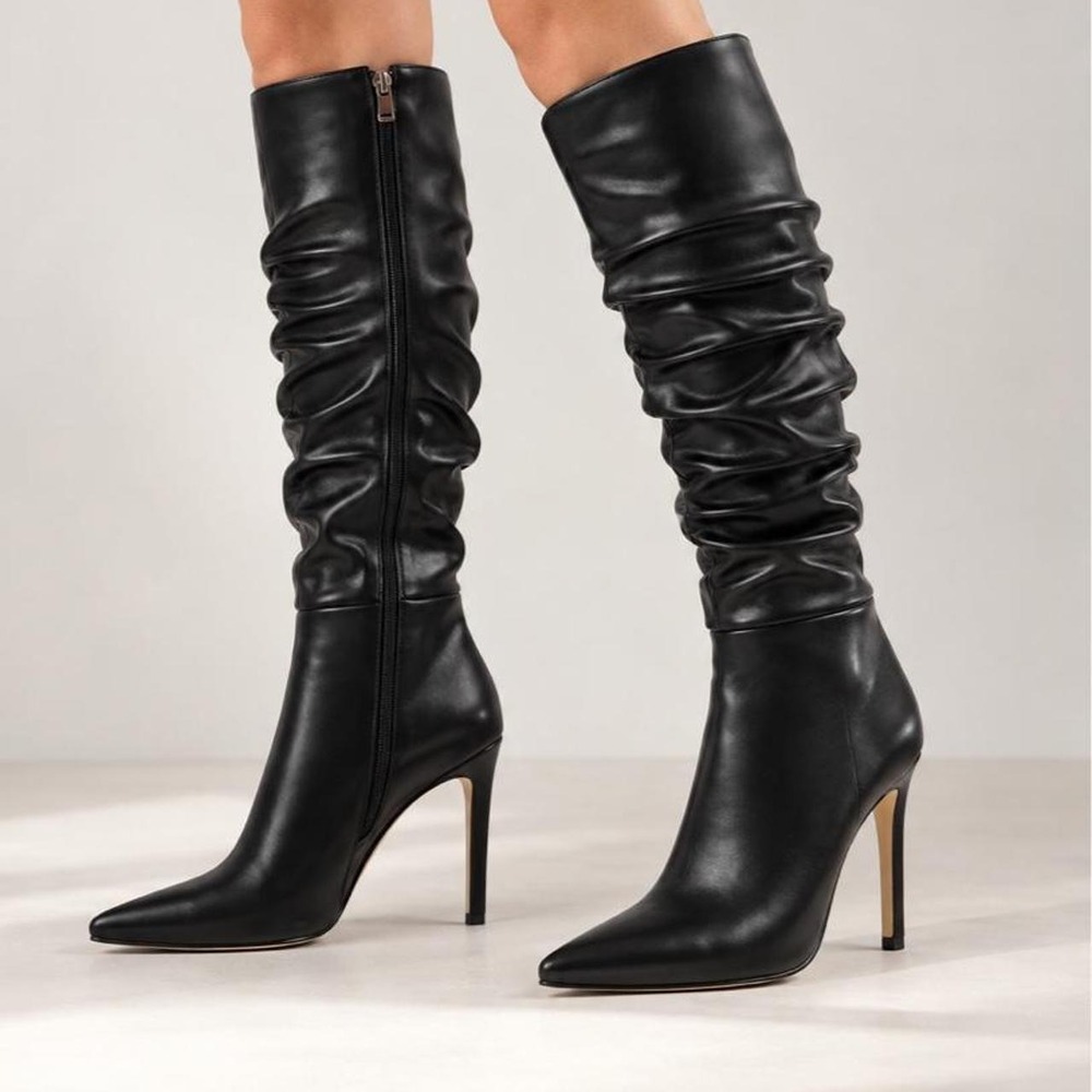 Black Knee High Stiletto Boots Pointed Toe Y2K Minimalist Halloween US 8.5